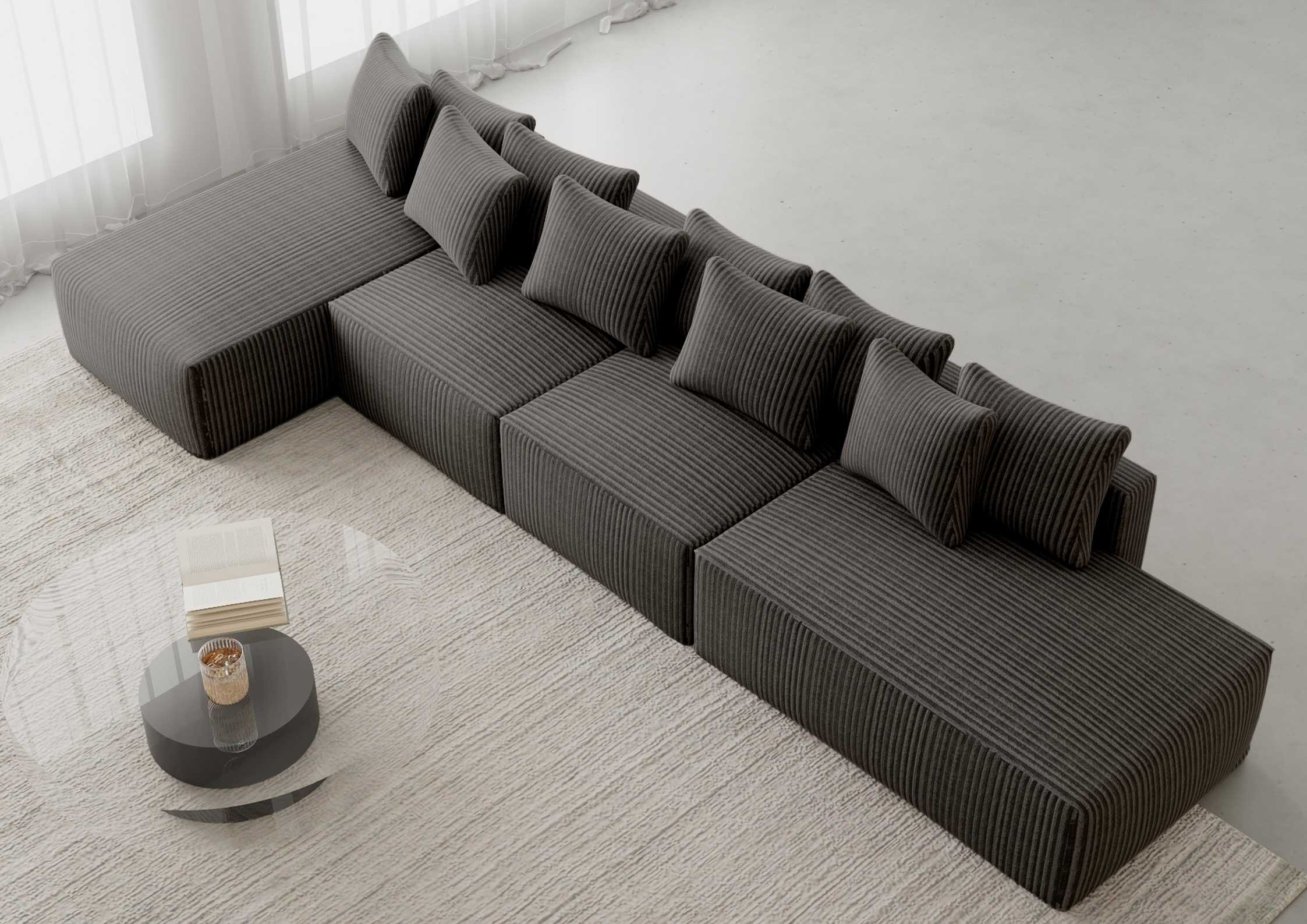 Duży narożnik wolnostojący z funkcją spania materiał sztruks kolor grafitowy